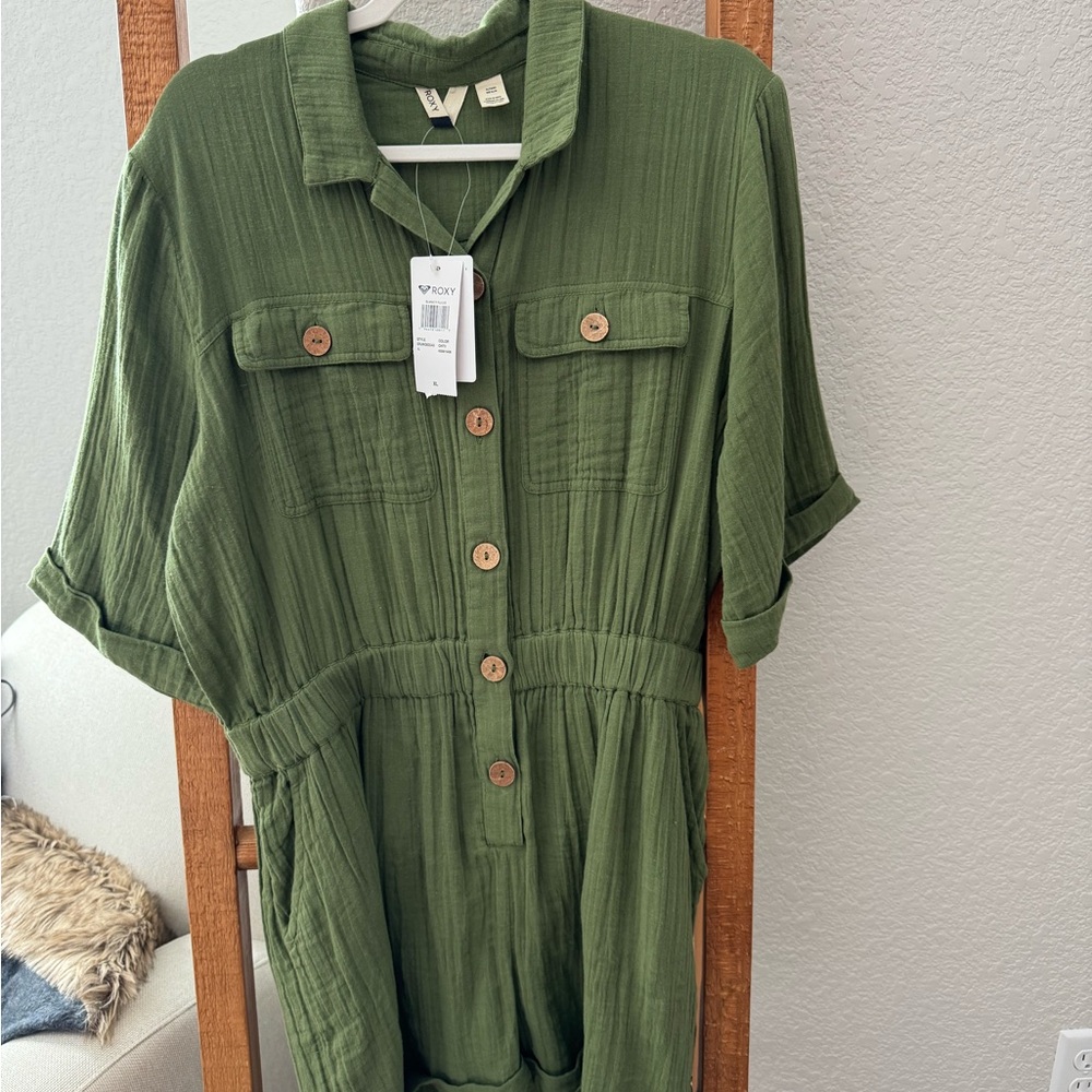 Roxy Olive Button-Front Utility Romper
